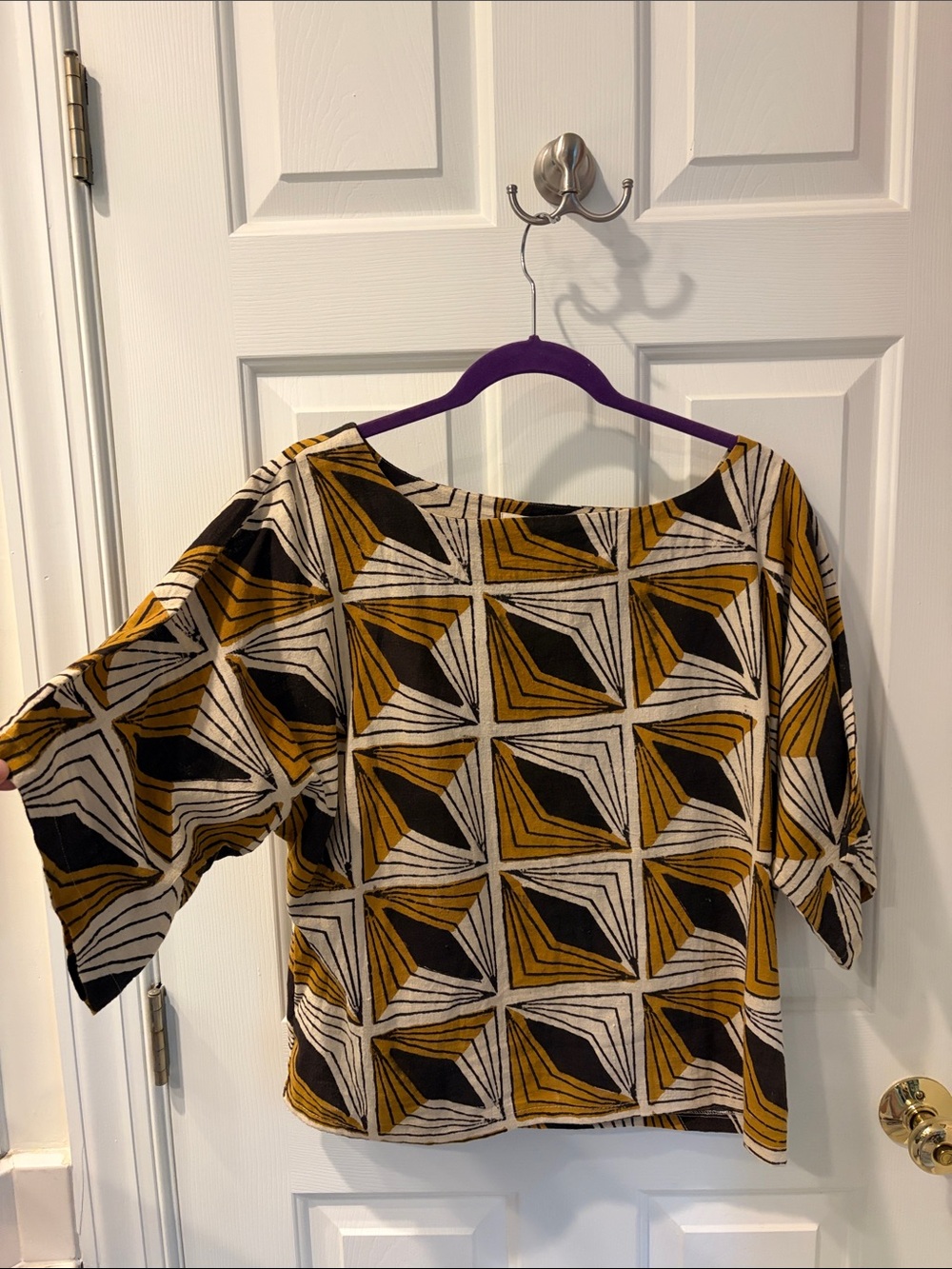 Maelu Geometric Cotton Print Top in Mustard, Black & Cream
